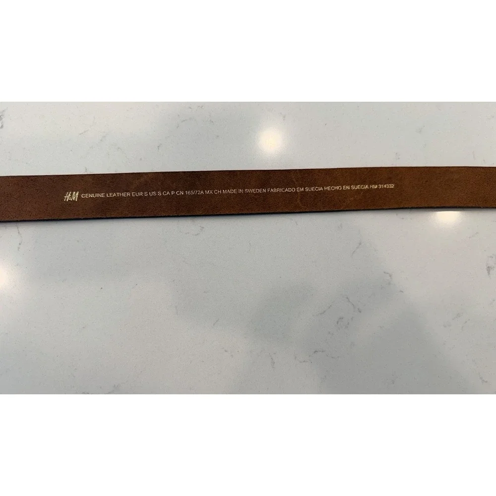 H&M Womens Brown Genuine Leather Belt Sz S MADE IN Sweden Adjustable Gold Buckle